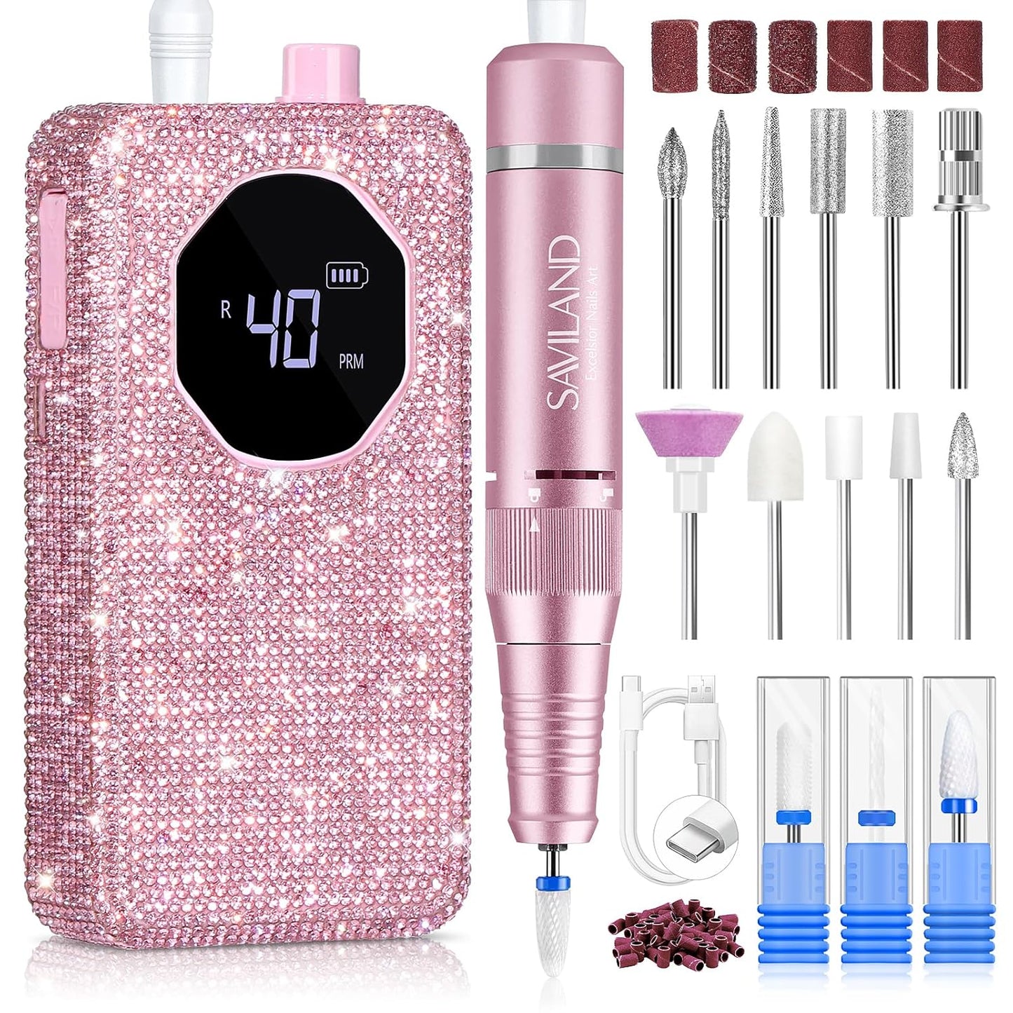 40,000 RPM Rechargeable Nail Drill in Bright Pink with 4000 mAh Battery, LCD Display and Tool Set