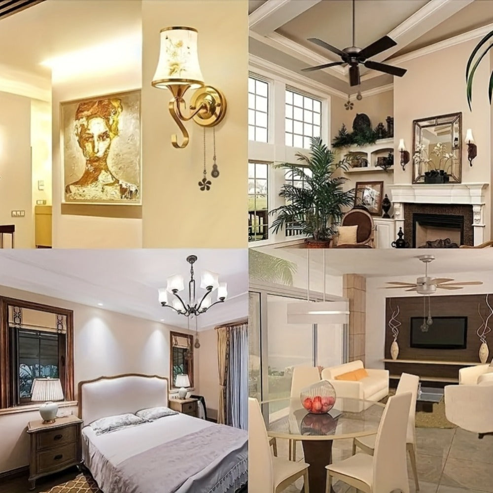 Eight-Piece Ceiling Fan Pull Chain Extension Set with Leaf and Bulb Pendants in Five Finish Options