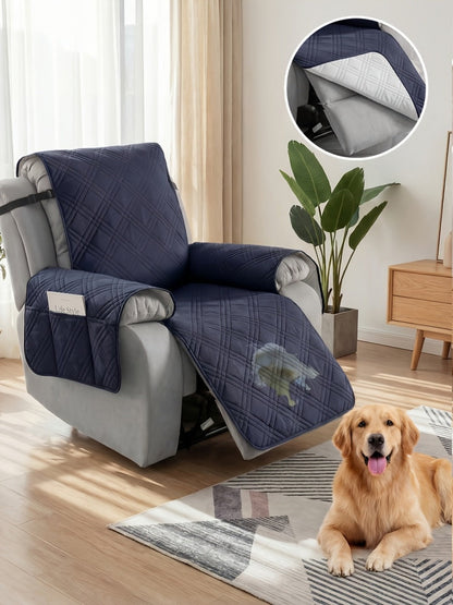 Quilted One-Piece Recliner Chair Cover with Side Pocket, Back Strap and Six Solid Color Options