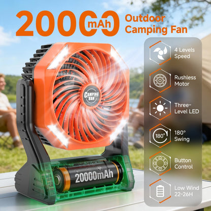Camping Fan 20000mAh Tabletop and Hanging Fan with 4 Speeds, 3-Level LED Light and 180° Vertical Swing