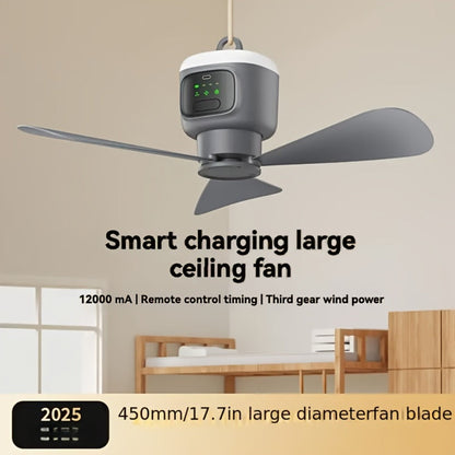 Hanging Camping Fan with 12000mAh Battery, Three Blades, Remote Control, LED Light and Timer Settings