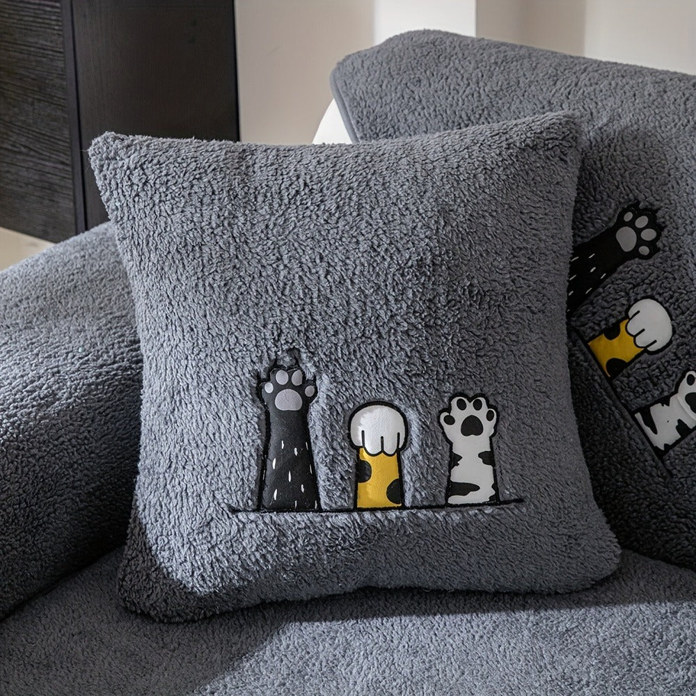 Sofa Cover, Sherpa Plush Cat-Paw Embroidered Seat Pad with Non-Slip Backing in Four Colors and Seven Sizes