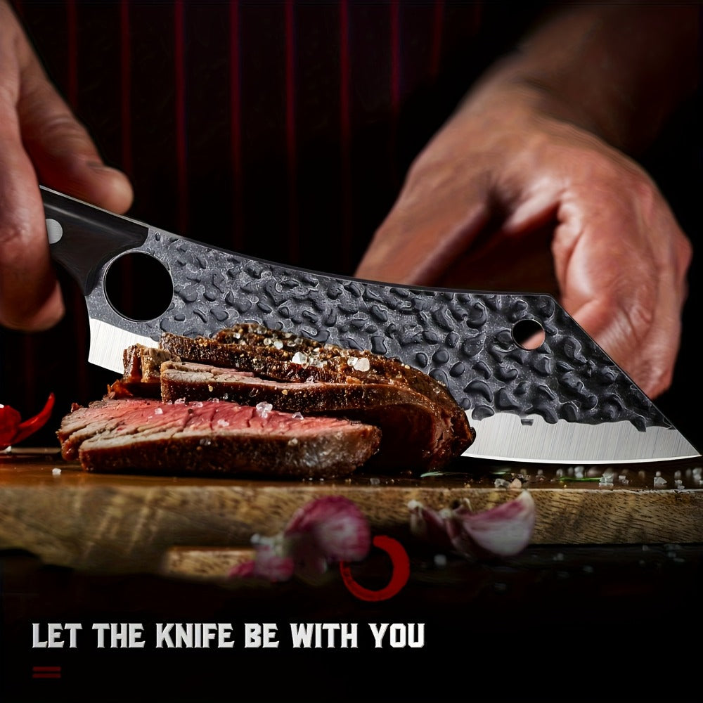Wide 8-Inch Cleaver-Style Kitchen Knife with Finger Hole, Hammered-Look Blade and Wood-Tone Handle