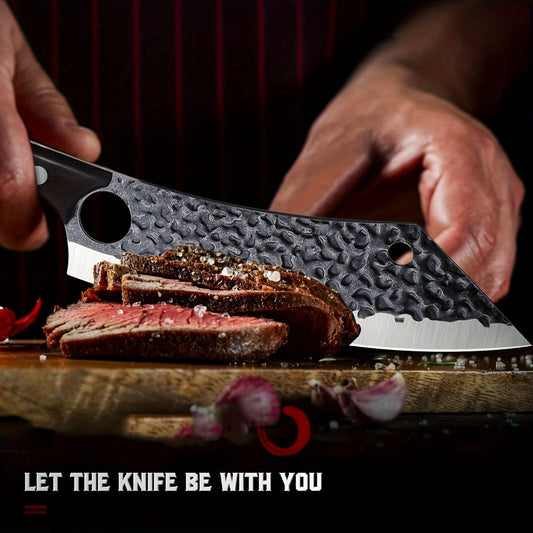 Butcher Knife 8 Inch Hand Forged High Carbon Steel Cleaver – Meat & Vegetable Chopping Knife with Finger Hole, Wooden Handle