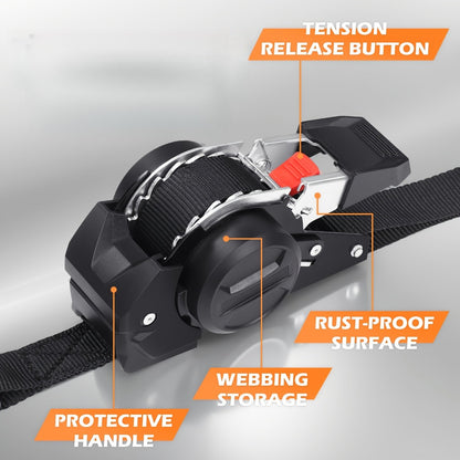 Ratchet Tie-Down Straps with Auto-Retract & Speed Control – Heavy-Duty Cargo Securing Kit with Hooks & Storage Bag | Motorcycle Transport, Towing & Truck Bed Load Securing