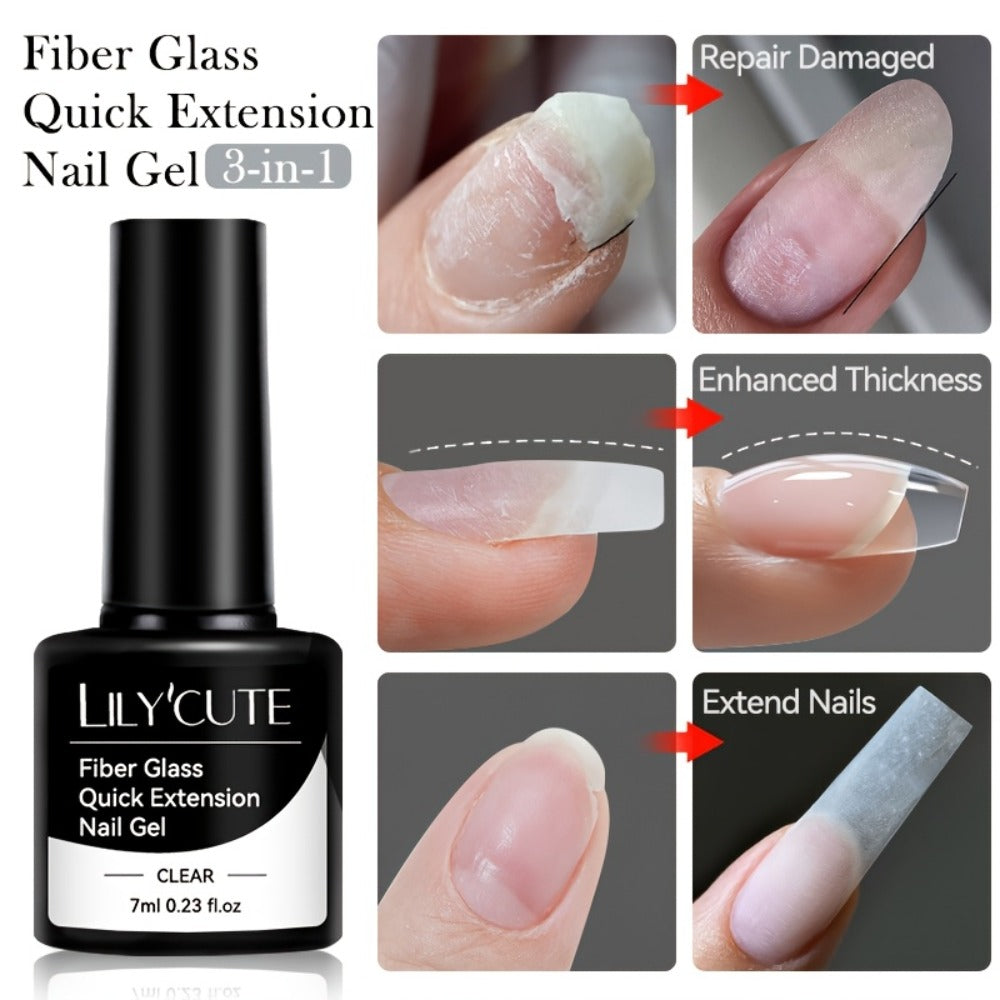 Clear Fiberglass Builder Gel 3-Pack, 7ml Bottles for Broken Nail Repair and Extensions with UV or LED Lamp Curing