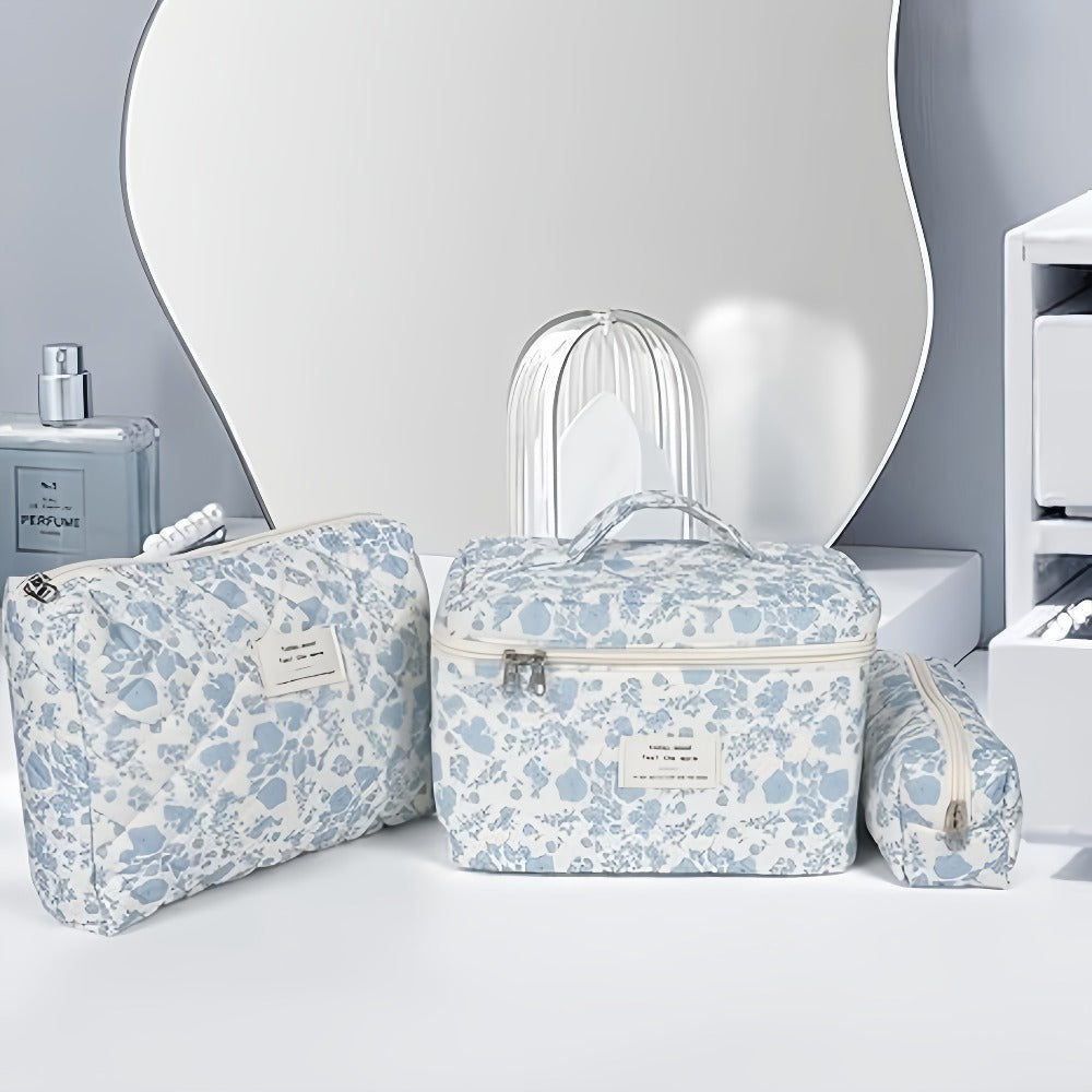 Three-Piece Floral Makeup Bag Set with Carry Handle, Gold-Color Zippers and Four Image-Bound Pattern Options