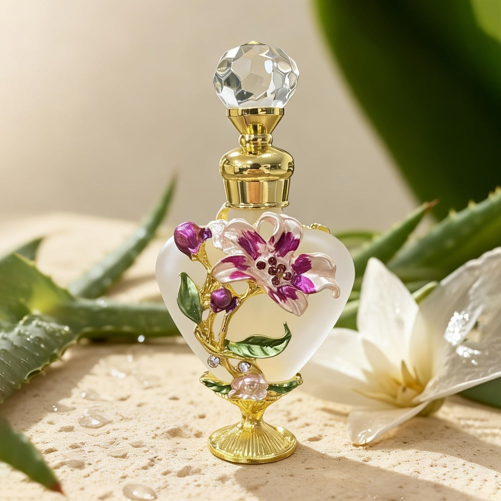 Refillable 10 ml Decorative Glass Perfume Bottles with Floral Inlay and Eight Color or Shape Options