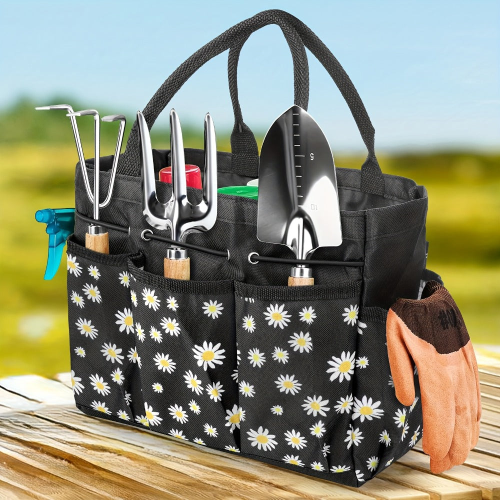Multi-Pocket Garden Tool Organizer Tote with Daisy Pattern and Black or Gray Checkout Color Options
