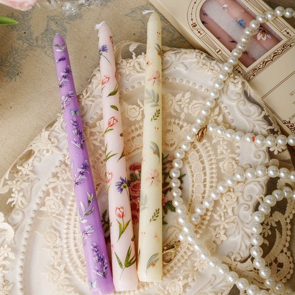 Patterned Taper Candle Set with 9.84-Inch Height in Green, Purple, Blue or Pink and Two- or Four-Piece Options