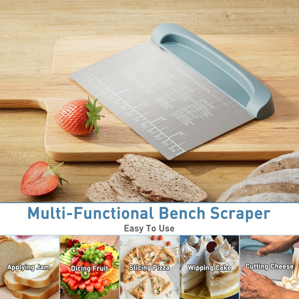 Two-Piece Dough Scraper Set with Metal Bench Cutter, Measurement Guide and Blue or Grey Bowl Scraper