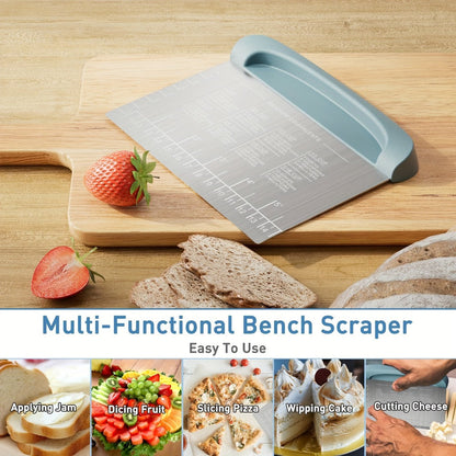 Two-Piece Dough Scraper Set with Metal Bench Cutter, Measurement Guide and Blue or Grey Bowl Scraper