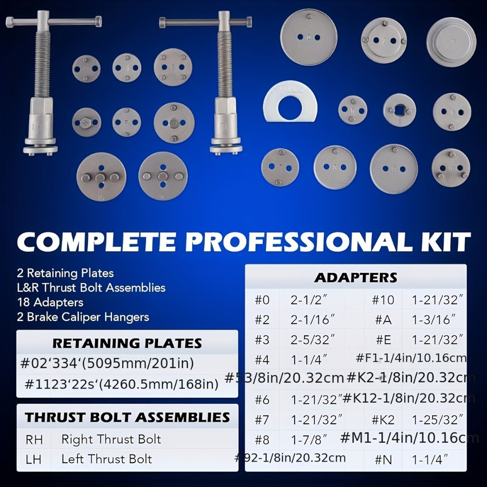 Brake Caliper Wind Back Tool Kit 26-Piece – Brake Caliper Compression Tool Set with 18 Disc Adapters, Thrust Bolt Assemblies, Retaining Plates & Caliper Hangers | Carbon Steel, Blue Case