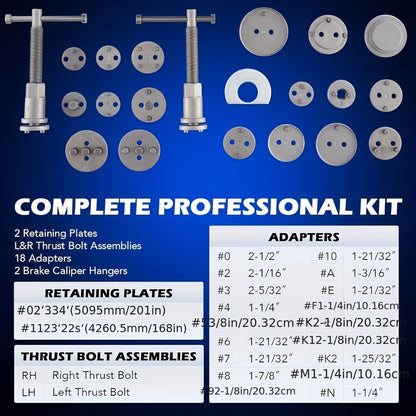 Brake Caliper Wind Back Tool Kit 26-Piece – Brake Caliper Compression Tool Set with 18 Disc Adapters, Thrust Bolt Assemblies, Retaining Plates & Caliper Hangers | Carbon Steel, Blue Case