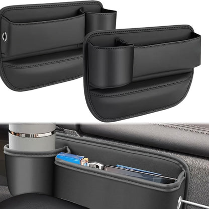 Car Seat Gap Organizer with Cup Holder – Adjustable PU Leather Side Seat Storage Box for Phone, Keys, Glasses & Cards | Multi-Functional Car Interior Organizer (2-Pack, Black)