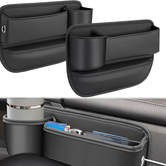 Car Seat Gap Organizer with Cup Holder – Adjustable PU Leather Side Seat Storage Box for Phone, Keys, Glasses & Cards | Multi-Functional Car Interior Organizer (2-Pack, Black)