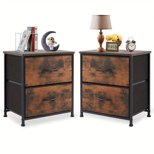 Nightstand with 2 Storage Drawers, 20" Bedside Table with Wooden Top & Fabric Cabinet, Steel Frame Mini Dresser for Bedroom, Dorm, Living Room – 1pc or Set of 2pcs, Black White Grey Rustic Brown