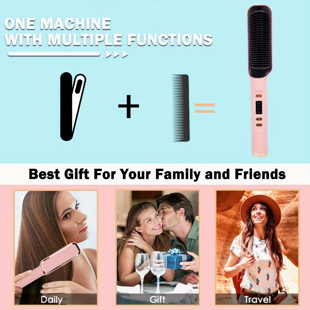 Four-Color Electric Hair Straightener Brush with Digital Display, Temperature Buttons and 10.6-Inch Body