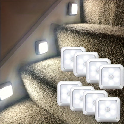 Four-Piece 8cm Square Battery Night Light Set with Motion Sensors and Cool-Light Checkout for Hallways