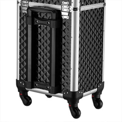 Black Rolling Makeup Train Case with Four Wheels, Telescoping Handle, Three Top Trays and Two Drawers