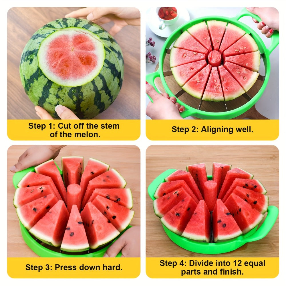 Round Watermelon Slicer Tool with Dual Green Handles, Central Coring Ring and Radial Metal Cutters