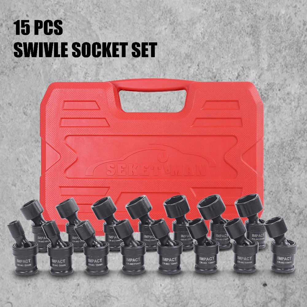 Impact Socket Set 3/8" Drive, 15-Piece Swivel Impact Universal Socket Set & 17+1 Piece Accessory Set, 8mm-22mm Cr-Mo Steel with Black Phosphate Finish, Professional Tool Kit for Home & Auto Repair