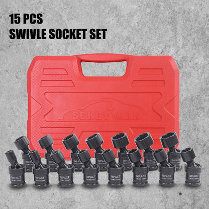 Impact Socket Set 3/8" Drive, 15-Piece Swivel Impact Universal Socket Set & 17+1 Piece Accessory Set, 8mm-22mm Cr-Mo Steel with Black Phosphate Finish, Professional Tool Kit for Home & Auto Repair