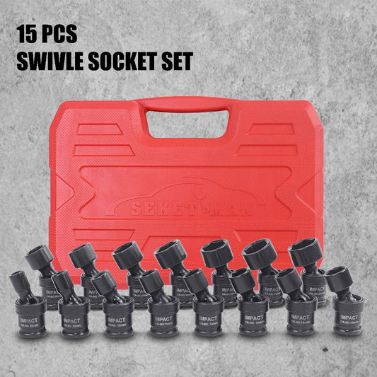 Impact Socket Set 3/8" Drive, 15-Piece Swivel Impact Universal Socket Set & 17+1 Piece Accessory Set, 8mm-22mm Cr-Mo Steel with Black Phosphate Finish, Professional Tool Kit for Home & Auto Repair
