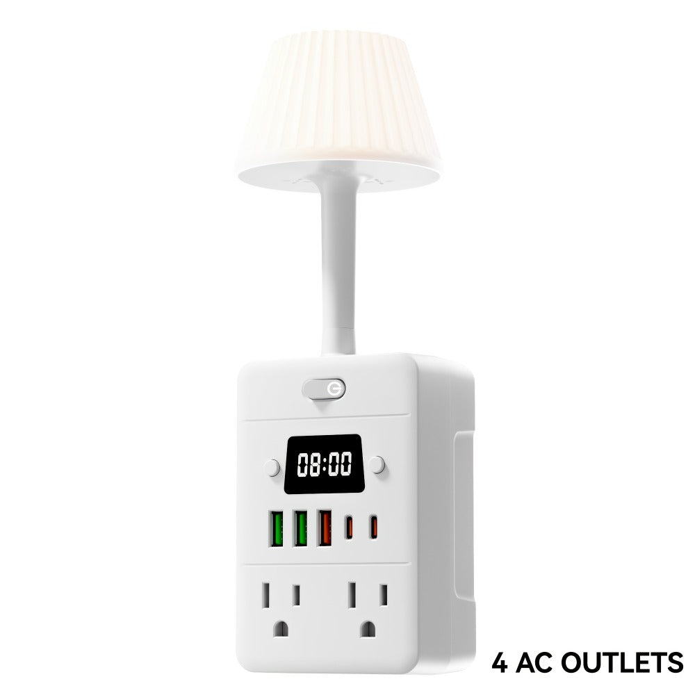 Power Strip Desktop Station with LED Clock, Desk Lamp, 4 AC Outlets, 3 USB-A, 2 USB-C and Master Switch