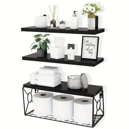 Floating Shelves Over Toilet 3-Piece Set | Farmhouse Bathroom Wall Mounted Storage Shelf for Toilet Paper, Towels & Decor – Black, Brown, Burlywood
