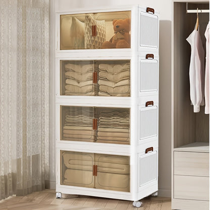 Stackable Storage Cabinet with Doors and Wheels | Collapsible Plastic Locker 1-5 Layers Large Capacity Home Organization for Bedroom Living Room Kitchen Easy Assembly Space Saving