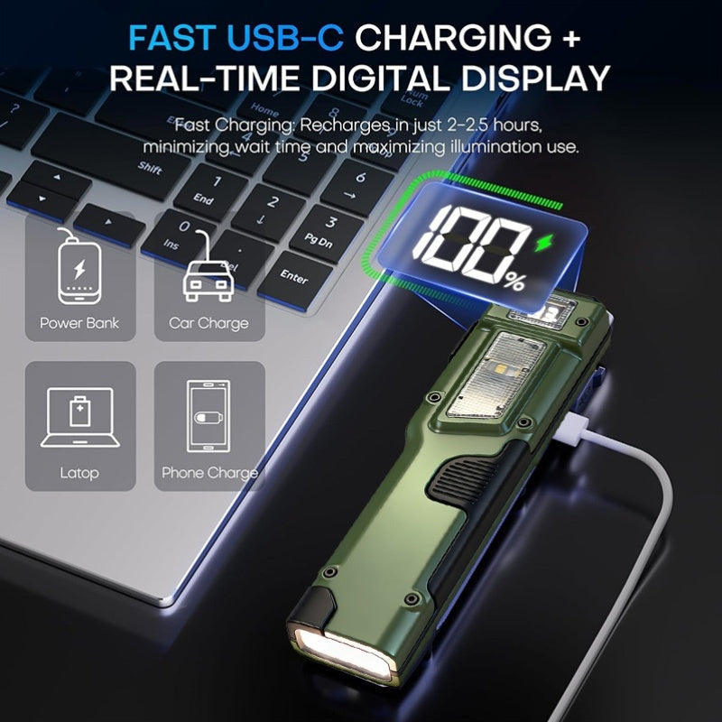 Flashlight Flat EDC Torch with Eight Modes, UV Light, Digital Display, Type-C Charging and Safety Lock