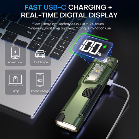 Flashlight Flat EDC Torch with Eight Modes, UV Light, Digital Display, Type-C Charging and Safety Lock