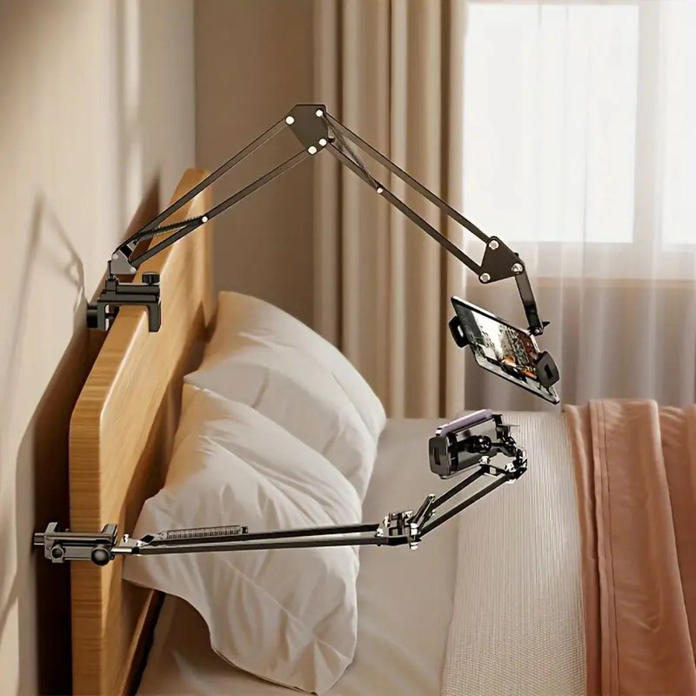Long-Arm Tablet Stand with Desk Clamp, Two 35 cm Articulating Sections and Rotating 4–13 Inch Device Holder