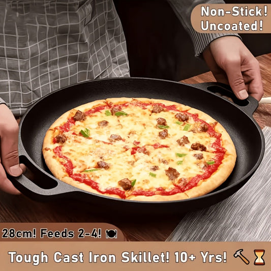 Cast Iron Skillet 11 Inch Pre-Seasoned Round Grill Pan with Dual Loop Handles – Even Heating for Oven, Stovetop, Campfire & Grill | Heavy-Duty Kitchen Cookware for Pizza, Steak & More