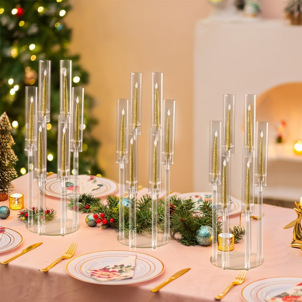 Clear Acrylic Six-Arm Candelabra with 68cm Height, 22cm Round Base and 2-, 4-, 10-, 12- or 20-Piece Options
