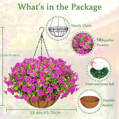 Artificial Flowers Hanging Petunia Arrangement with Included Planter Container and Six Color Options