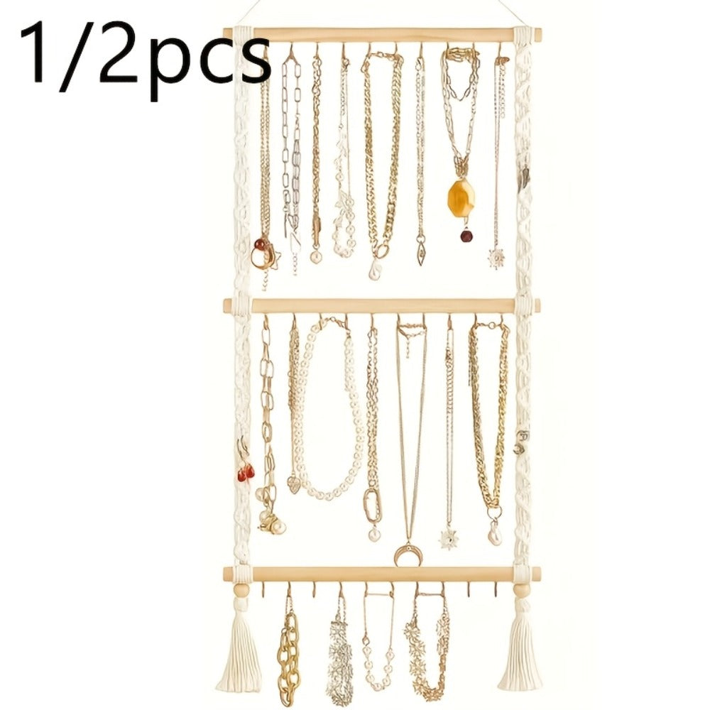 Jewelry Organizer Hand-Woven Wall Hanging Rack with Tassel Detail and 30 Hooks in 1- or 2-Piece Options
