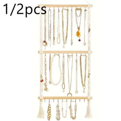 Jewelry Organizer Hand-Woven Wall Hanging Rack with Tassel Detail and 30 Hooks in 1- or 2-Piece Options