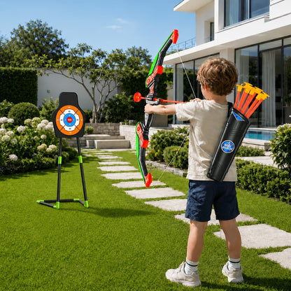 Kids Bow and Arrow Archery Set 10 Suction Cup Arrows Quiver Standing Target Safe Outdoor Toy Boys Girls Ages 3+ Birthday Christmas Holiday Gift Young Archers Green