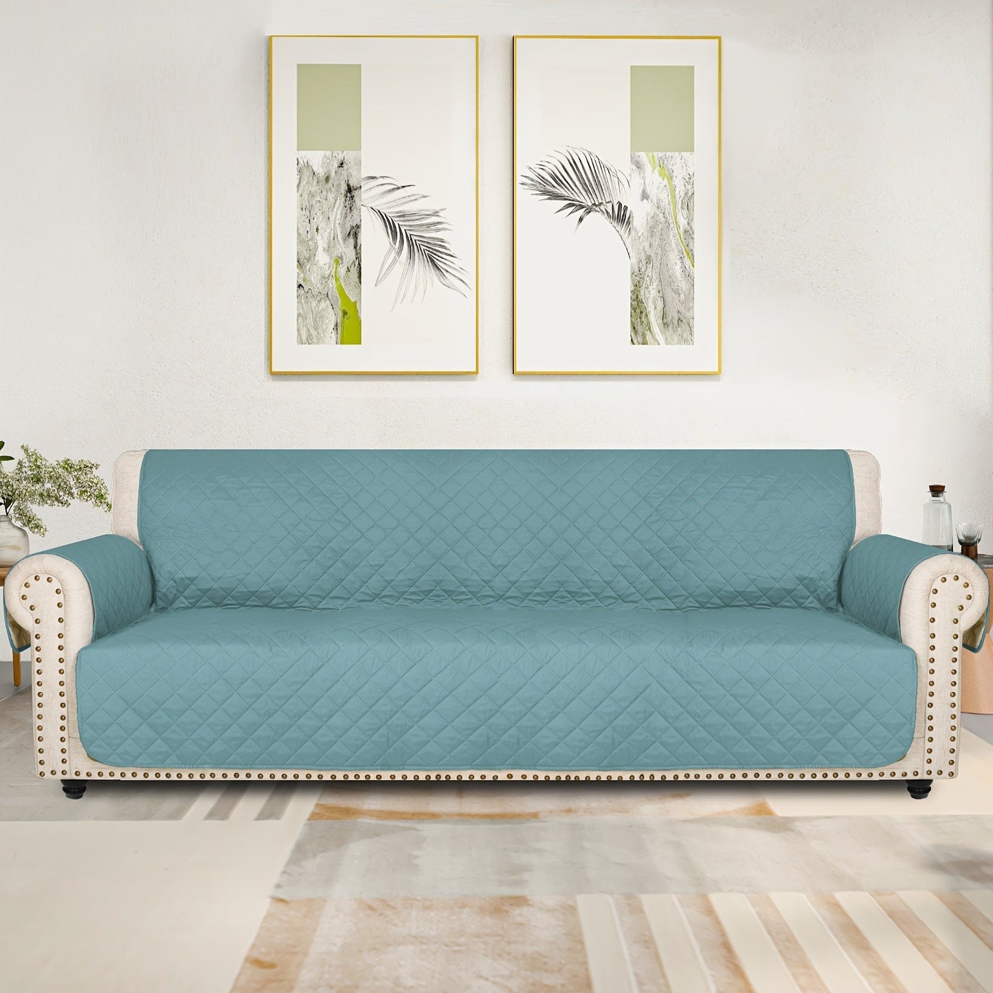 Sofa Cover Five-Layer Quilted Microfiber Protector with Elastic Strap and Foam Anchors for 3 or 4 Seats