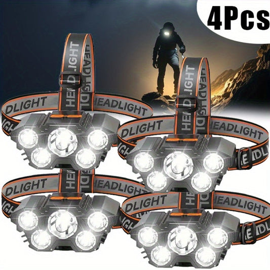 LED Headlamp 4pcs Set - Rechargeable Outdoor Headlamps with 4-Speed Dimming Adjustable Angle IP44 Waterproof Hands-Free Flashlight for Camping Hiking Fishing Mountain Climbing Emergency Use ABS