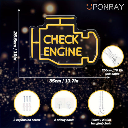 Check Engine Neon Sign – LED Dimmable USB Powered Neon Light for Garage Wall Decor, Car Repair Shop, Workshop, Man Cave, Game Room, Bedroom & Car Party Decorations (Yellow / Multi-Color Options)