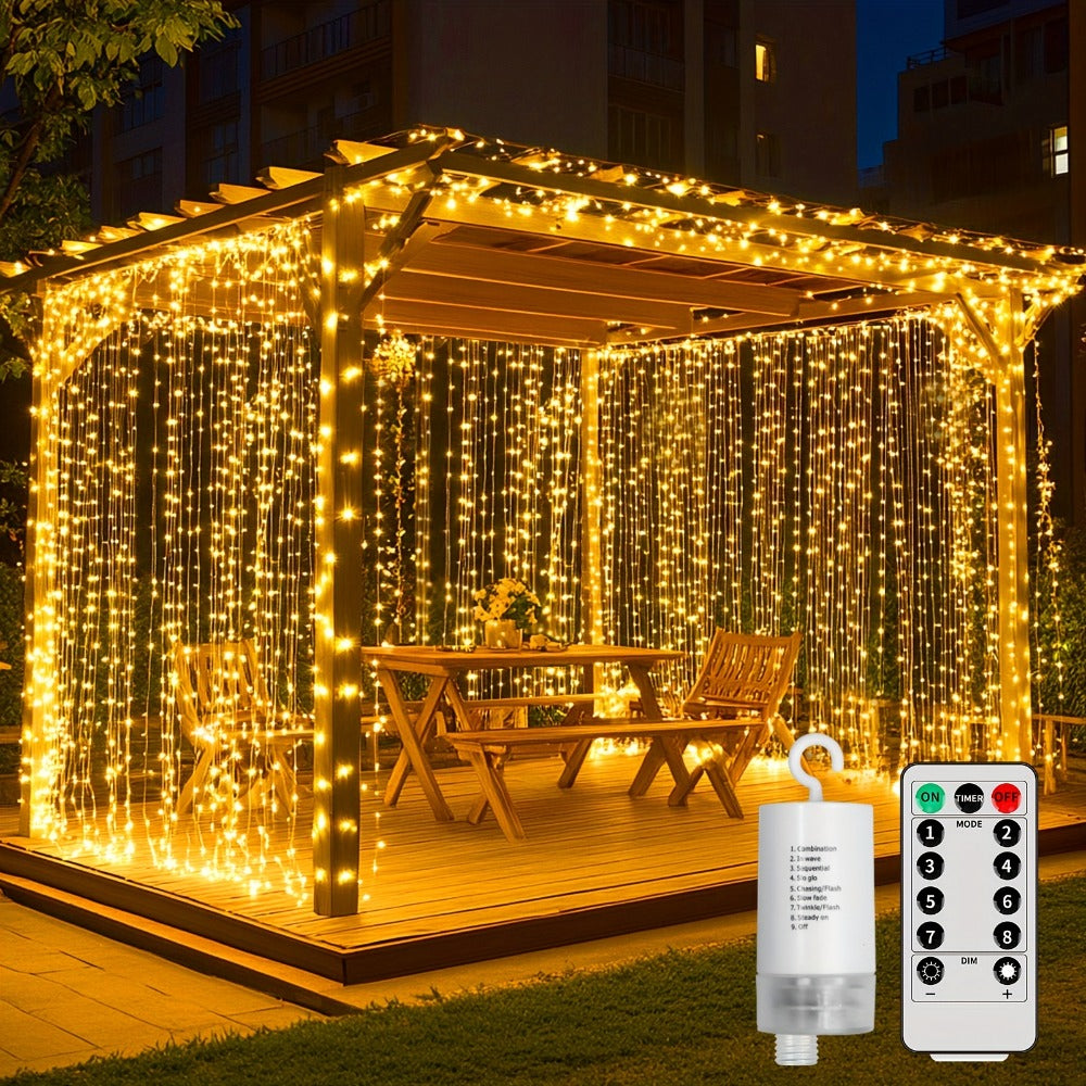 String Lights, 330-LED Waterfall Curtain Panel with Battery Power, Remote, Eight Modes and Three Colors