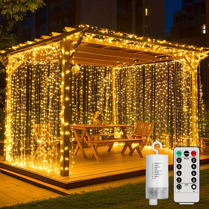 String Lights, 330-LED Waterfall Curtain Panel with Battery Power, Remote, Eight Modes and Three Colors