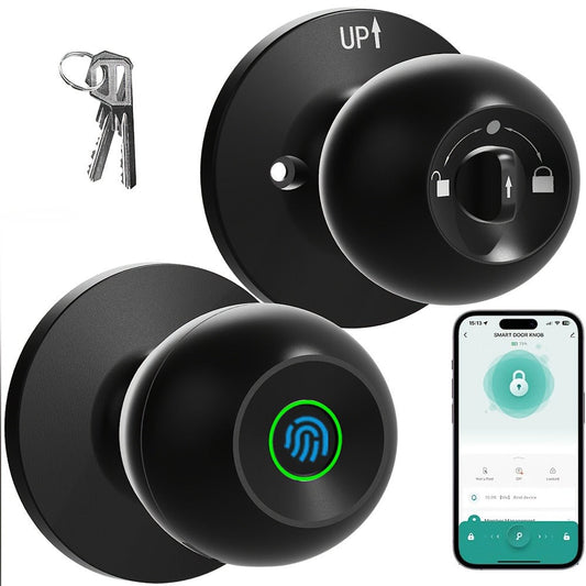 K10 Rechargeable Smart Door Knob with Fingerprint & App Control - 3-in-1 Keyless Entry, Entrance/Passage/Privacy Mode, Built-In Lithium Battery, No Battery Replacement, Matte Black & Brushed Nickel