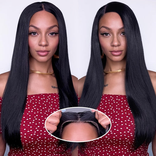 Put On and Go Wig 6x4.5 HD Lace Human Hair Straight 250% Density Glueless Pre-Plucked Pre-Cut Pre-Bleached Knots Long Straight Wig for Women 22-36 Inch Natural Black
