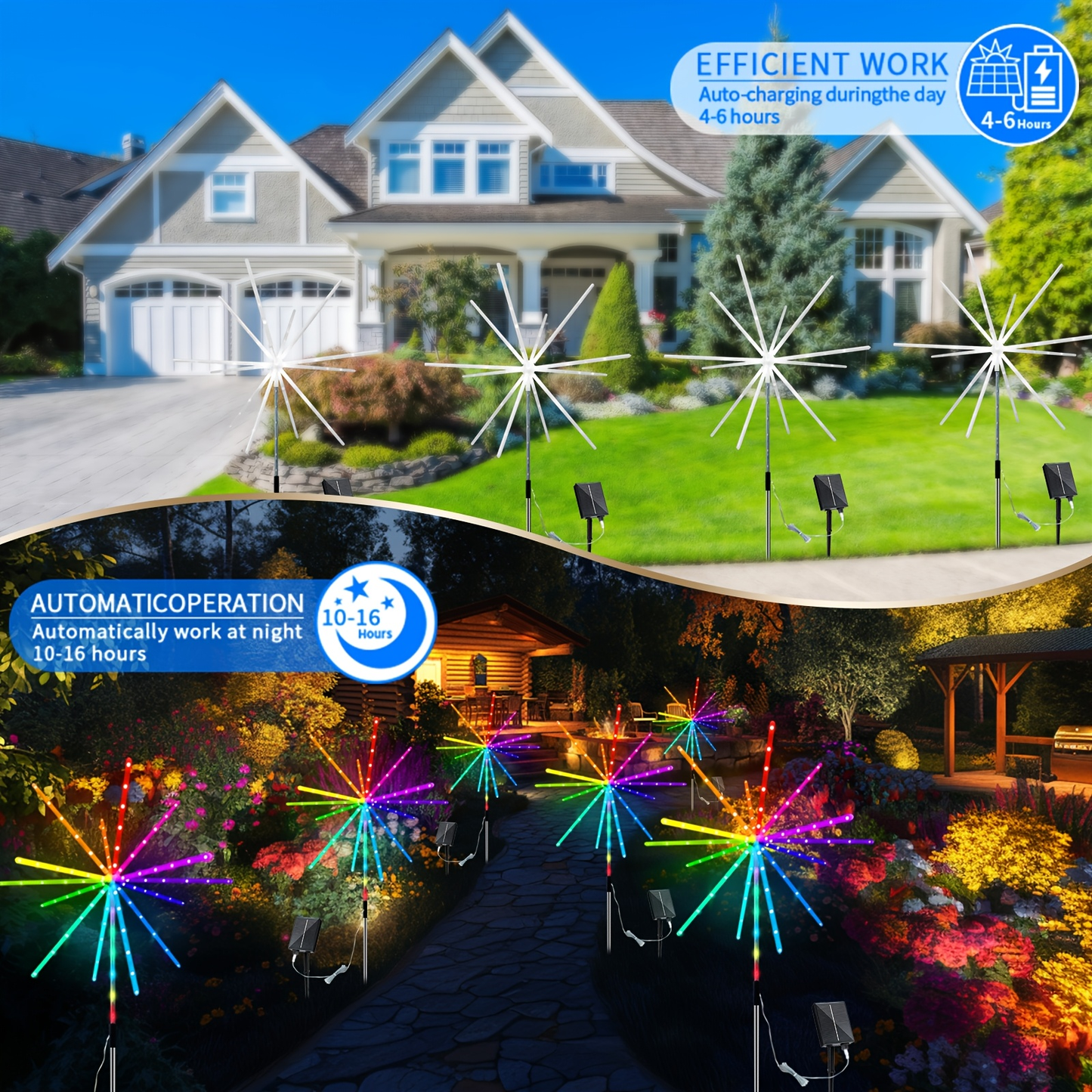 Solar Outdoor Lights 4-Pack 336-LED 3D Meteor Stakes with Remote, Multicolor Output and IP65 Rating