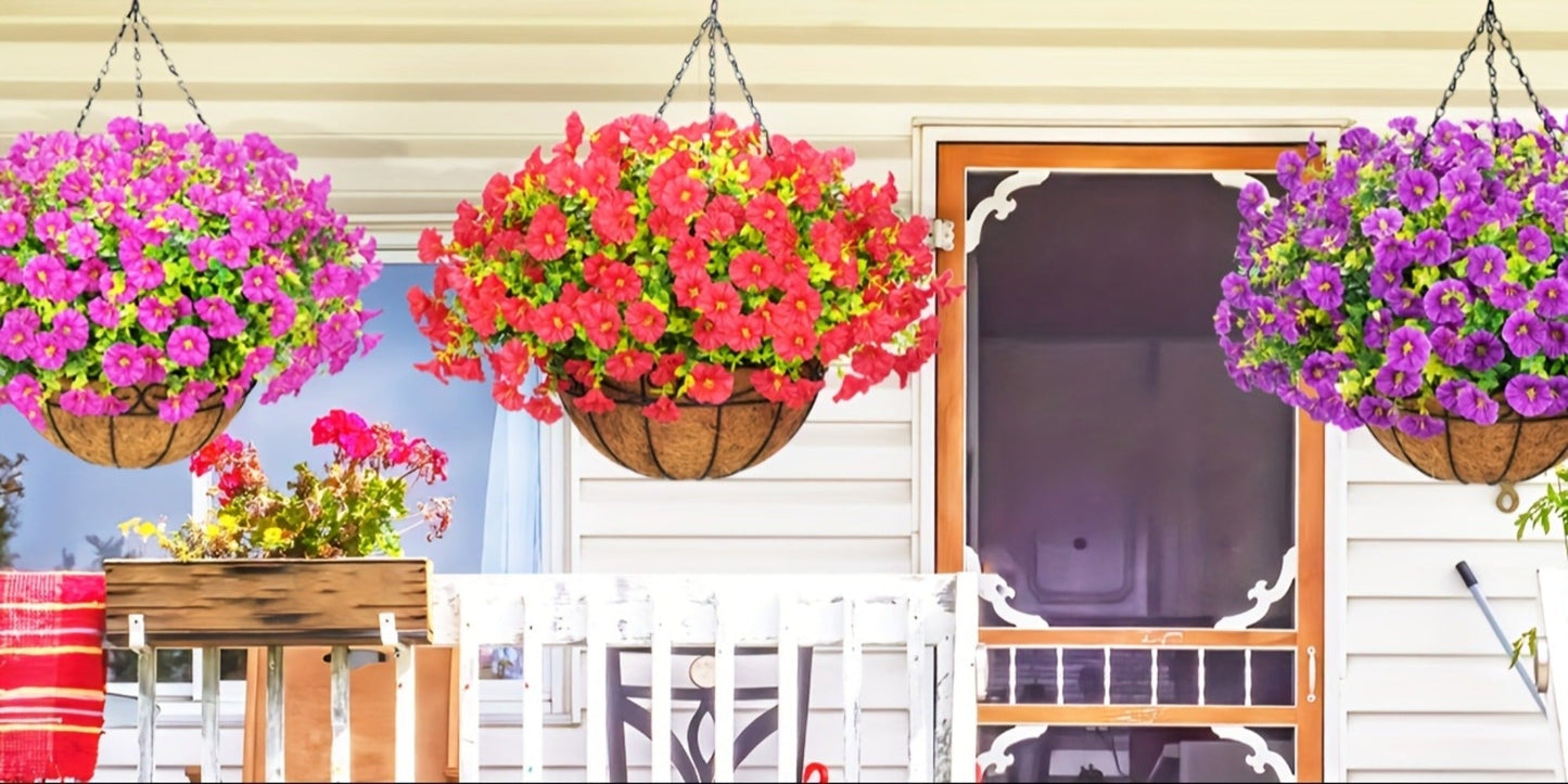Artificial Flowers Hanging Petunia Arrangement with Included Planter Container and Six Color Options