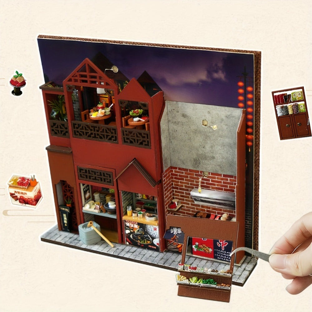 Chinese Food Street Book Nook Kit with LED-Lit Miniature Shops, Sliding Dust Cover and Wooden Shelf Insert